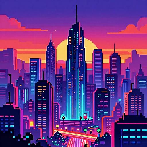 Pixel art of a neon-lit cityscape at sunset, featuring tall skyscrapers with glowing windows, a bright orange sun, and vibrant pink,