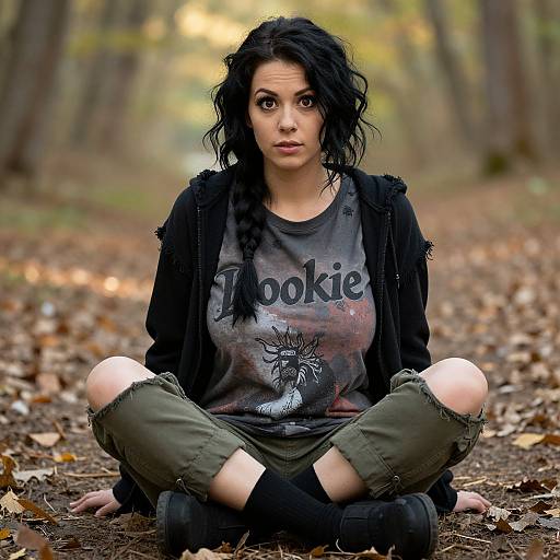 Photograph of a young woman with black wavy hair, wearing a 