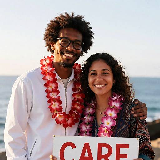 Couple with Flower Leis by the Ocean
