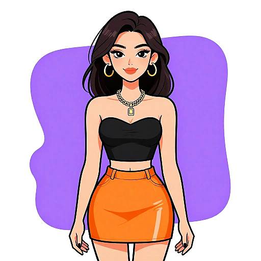 Digital illustration of a confident woman with long dark hair, wearing a black strapless top, orange high-waist skirt, large hoop earrings, and