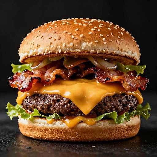 Photograph of a juicy, stacked cheeseburger with crispy bacon, melted cheddar, lettuce, tomato, and sesame seed bun on a dark background.