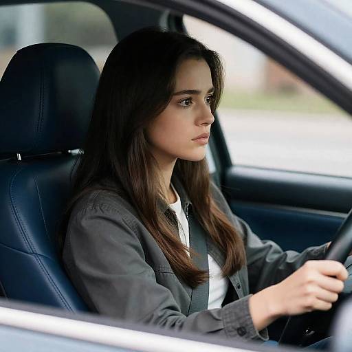 Concerned Young Woman in Blue Leather Car
