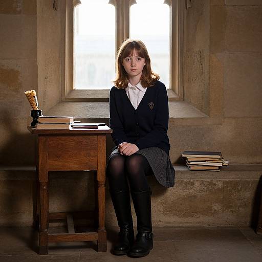 Photograph of a young woman with light brown hair in a school uniform, sitting on a wooden bench in a dimly lit stone room, with books