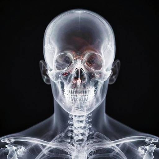 Digital CGI image of a glowing, transparent human skull with highlighted bones against a black background, showcasing a bright, luminous effect.