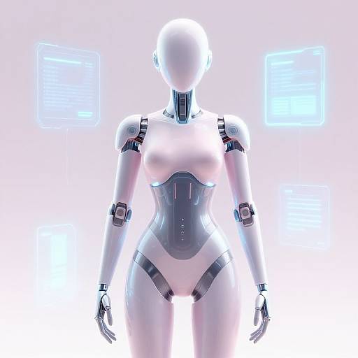 CGI image of a faceless, white, futuristic female robot with black accents, glowing blue screens in the background, and a sleek, modern design