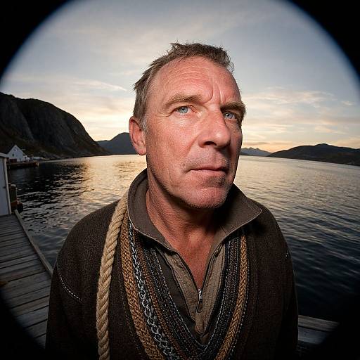 Photograph of a middle-aged man with short, graying hair, wearing a dark brown shirt and rope necklace, standing on a wooden dock at sunset