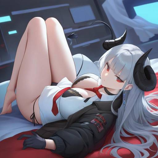 Seductive Demon Girl Lying on Bed