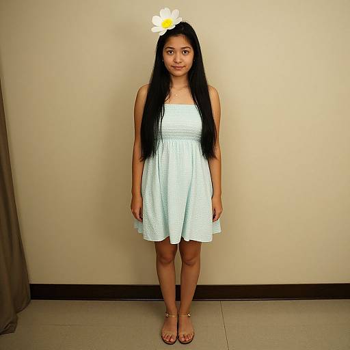 Photograph of an Asian woman with long black hair, wearing a white sleeveless dress and sandals, standing against a beige wall with a digital flower overlay