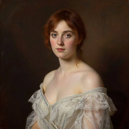 Photorealistic portrait of a fair-skinned woman with red hair, wearing an off-shoulder, lace-trimmed white gown, against a