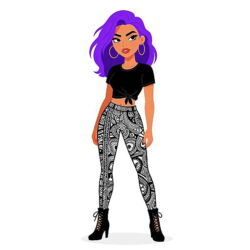 Edgy Woman with Purple Hair and Tribal Print Leggings