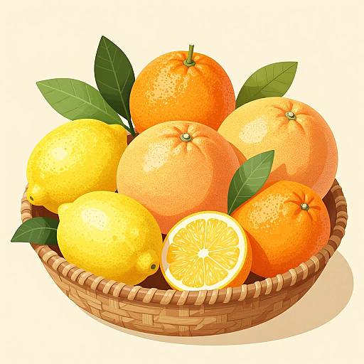 Digital illustration of a woven basket filled with bright oranges, lemons, and green leaves, with one lemon cut in half.
