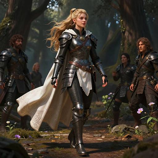 Digital artwork of a blonde woman in shiny black armor with a white cape, leading a group of armored men through a forest with sunlight filtering through trees and