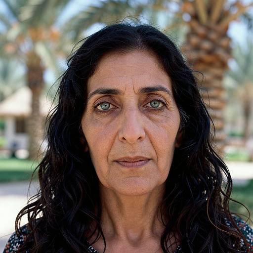Photograph of an older woman with long, wavy black hair, blue eyes, and a serious expression, standing outdoors with blurred palm trees in the
