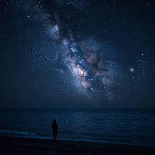 Silhouetted fisherman stands on dark beach, gazing at a breathtaking night sky filled with vibrant Milky Way stars and sparkling constellations.