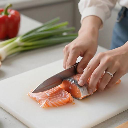 Close-Up of Hands Slicing Pink Salmon