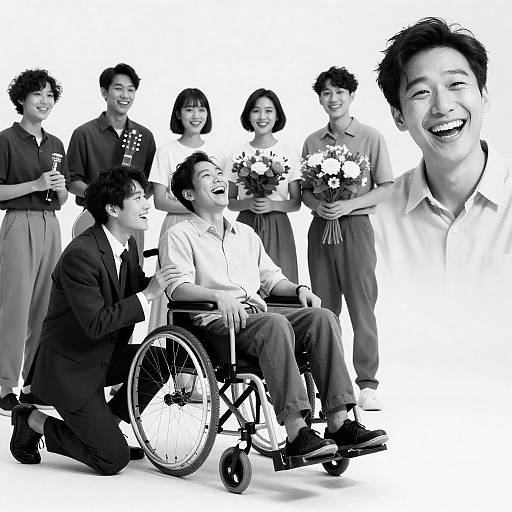 Group of young adults with wheelchair user laughing