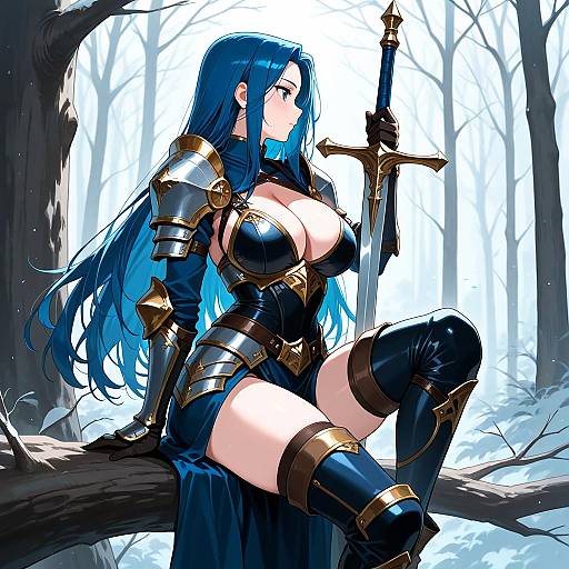 Blue-Haired Female Warrior in Detailed Armor
