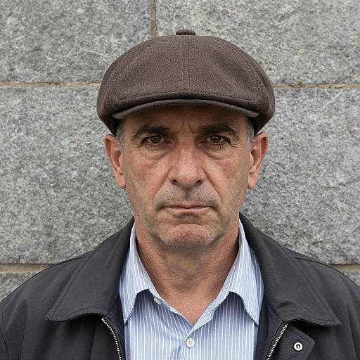 Middle-aged Man in Flat Cap Against Stone Wall