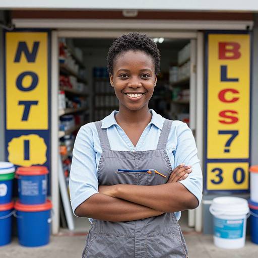 Photograph of a smiling black woman with short, curly hair, wearing a gray apron over a white shirt, standing in front of a hardware store