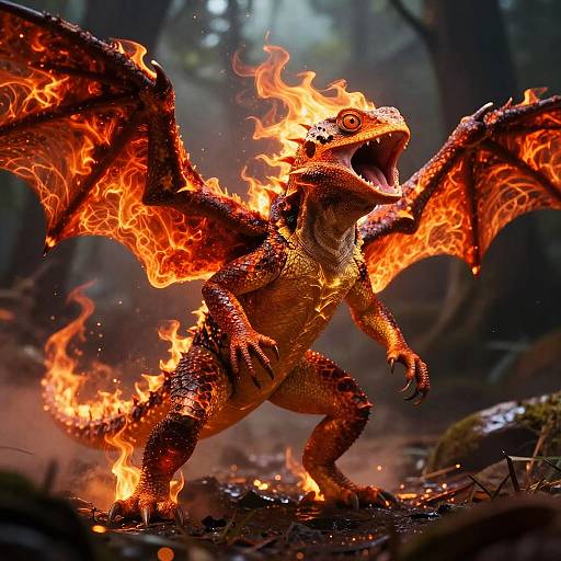 Fiery Ember-Lizard Creature with Flaming Wings