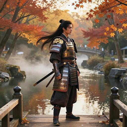 Samurai on Bridge in Autumn