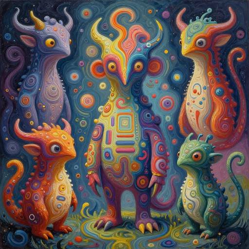 Vibrant digital painting of four colorful, mythical creatures with swirling patterns and horns, standing against a dark, starry background.
