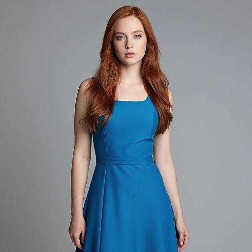 Photograph of a fair-skinned woman with long red hair, wearing a vibrant blue sleeveless dress, standing against a plain gray background.