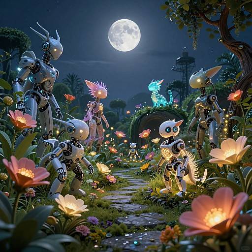 Cybernetic Garden with Glowing AI Creatures