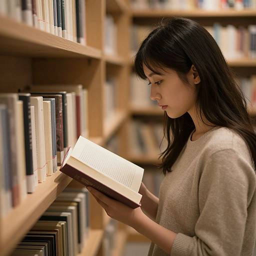 Young Asian woman with long black hair, wearing a beige sweater, reads a book in a wooden library, focusing intently.