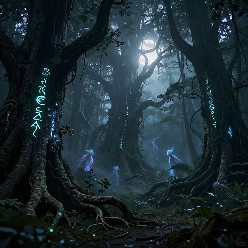 Digital fantasy artwork of a dark, misty forest with glowing blue ethereal creatures and luminescent runes on twisted trees, illuminated by a full moon