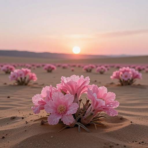 Photograph of pink desert flowers with soft petals in the foreground, under a glowing sunset, scattered across a sandy landscape.