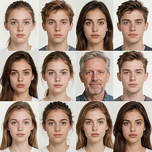 Photograph collage of twelve headshots of young adults, six females and six males, with varied hair colors and styles, against a plain white background.