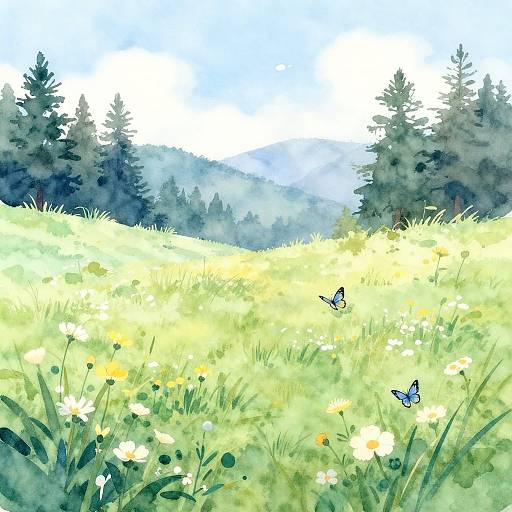 Watercolor painting of a bright meadow with white daisies, two blue butterflies, and tall pine trees in the background.
