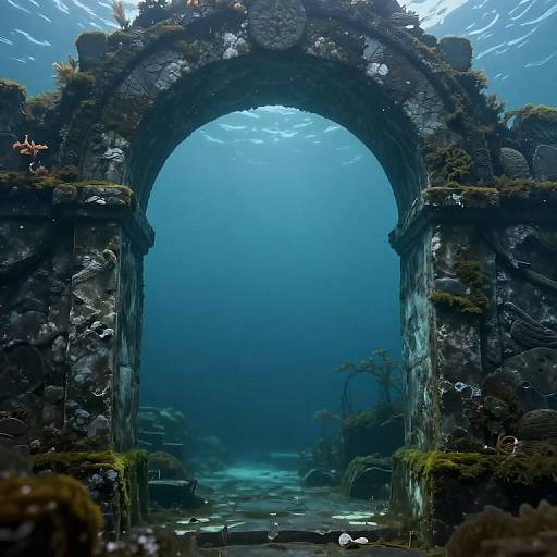 Photorealistic underwater scene of a moss-covered, ruined stone archway with marine life, including fish and starfish, illuminated by blue light.
