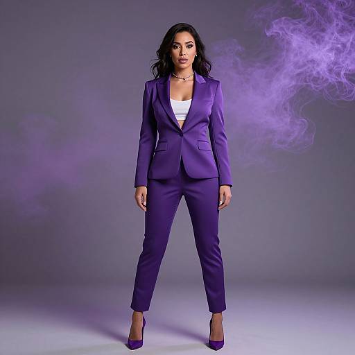 Photograph of a confident woman in a purple suit, white top, and matching heels, standing with smoky purple vapor around her.