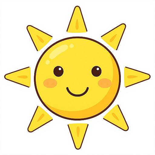 Cute digital drawing of a smiling yellow sun with eight triangular rays, round black eyes, and pink blush marks on a white background.