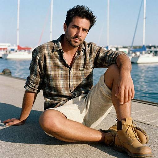 Photograph of a handsome, dark-haired man with a beard, wearing a plaid shirt, beige shorts, and tan boots, sitting on a dock