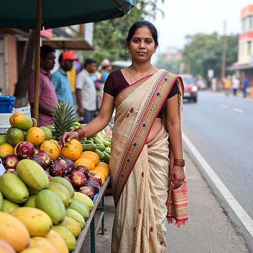 Photograph of an Indian woman in a beige sari with red and gold border, selling fruits on a street market, with a blurred background of pedestrians