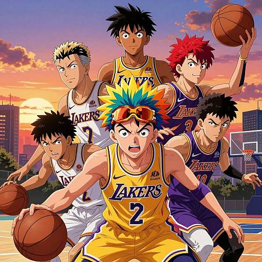 Anime-style digital drawing of five male basketball players in action, sunset background, Lakers and Knicks uniforms, spiky hair, intense expressions, holding basketballs