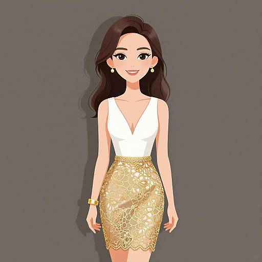 Digital illustration of a smiling woman with long dark hair, wearing a white V-neck top and gold lace skirt, against a gray background. She has gold