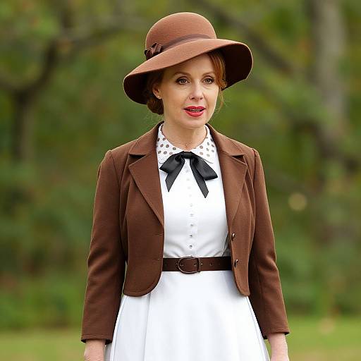 Photograph of a fair-skinned woman with red lipstick, wearing a brown hat, brown jacket, white polka-dot blouse, black ribbon, and