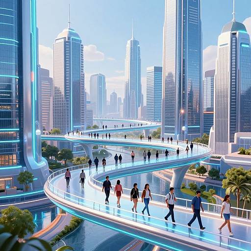 CGI image of a futuristic cityscape with glowing blue-lit elevated walkways, numerous people walking, and towering skyscrapers in the background.