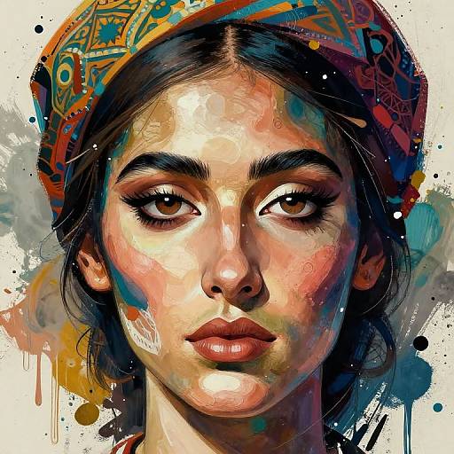 Digital painting of a young woman with dark eyes, full lips, and olive skin, wearing an ornate headscarf, in vibrant, abstract colors