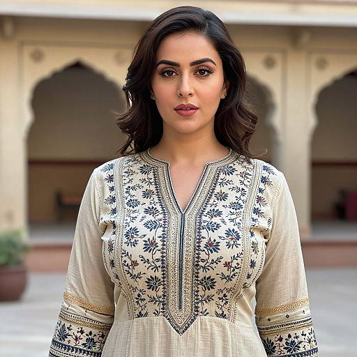 Photograph of a beautiful South Asian woman with dark wavy hair, wearing an intricately embroidered white traditional top, standing in front of a blurred,
