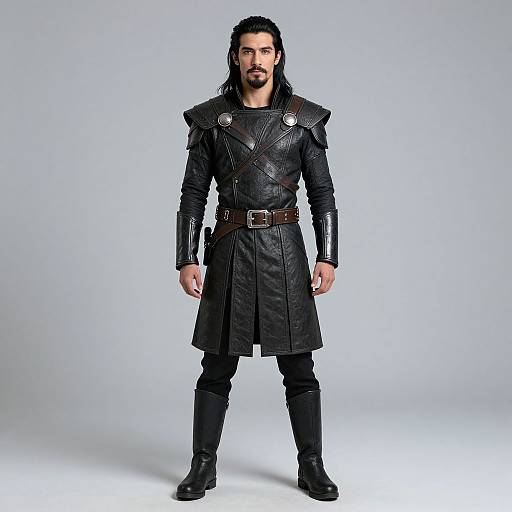Photograph of a bearded man with long black hair, wearing a black leather medieval-style coat with shoulder armor, brown belt, black pants, and