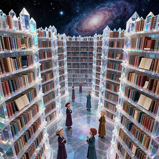 Fantasy library with glowing crystal shelves, starry night sky, and five robed figures browsing illuminated books. Cosmic galaxy visible above. Digital art.