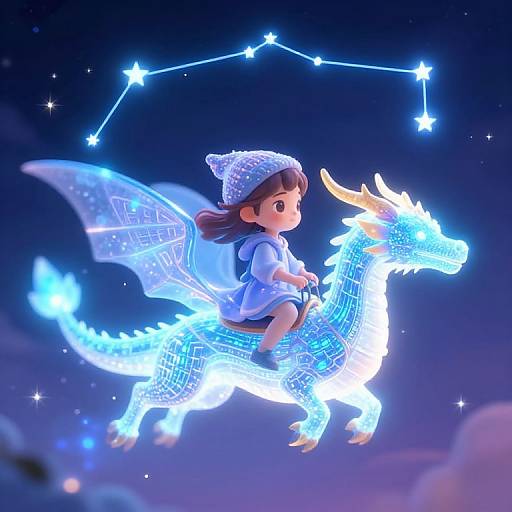 Digital illustration of a cute girl with brown hair and a white hat, riding a glowing blue dragon constellation against a starry night sky.