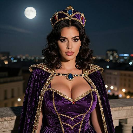 Photograph of a dark-haired woman with large breasts in a purple velvet queen's gown, gold trim, blue gemmed crown, necklace, moonlit
