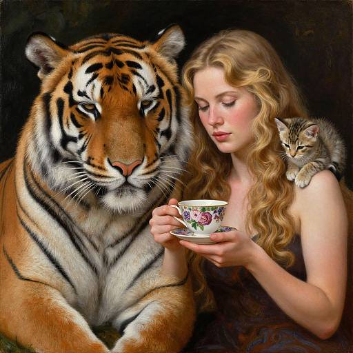 Digital painting of a blonde woman with curly hair, holding a floral teacup, standing beside a large tiger and a small kitten.