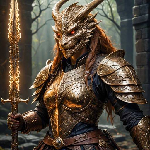 Dragonborn Female Warrior in Ornate Armor with Glowing Sword